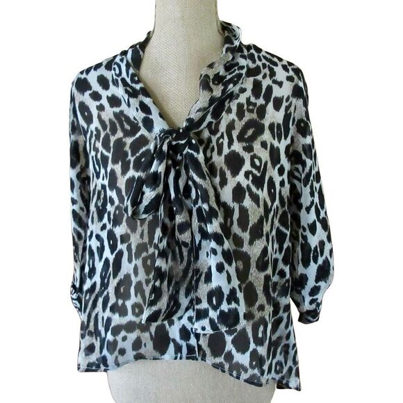 Tops - Mariol Womens Blouse Button Up Beige Black Leopard Print Tie Neck 3/4 Sleeve M